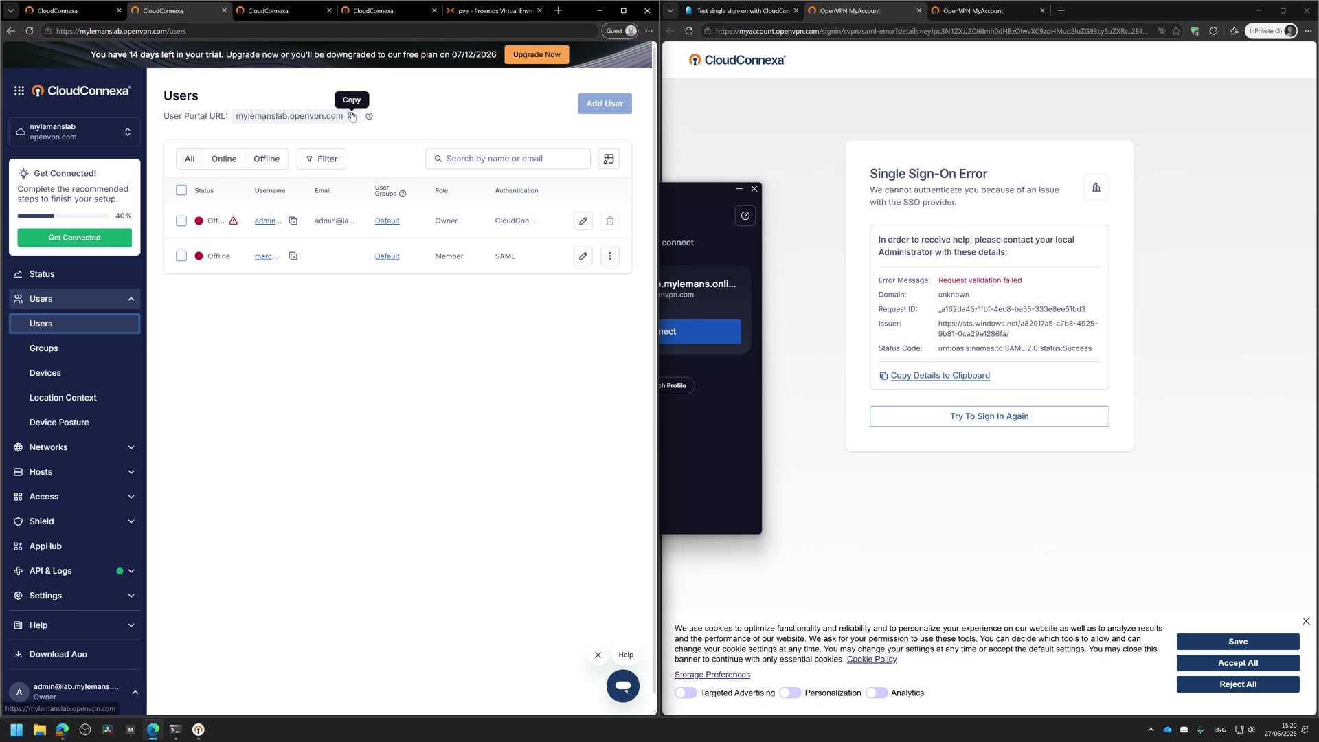 CloudConnexa Single Sign-On Error after a failed SAML test
