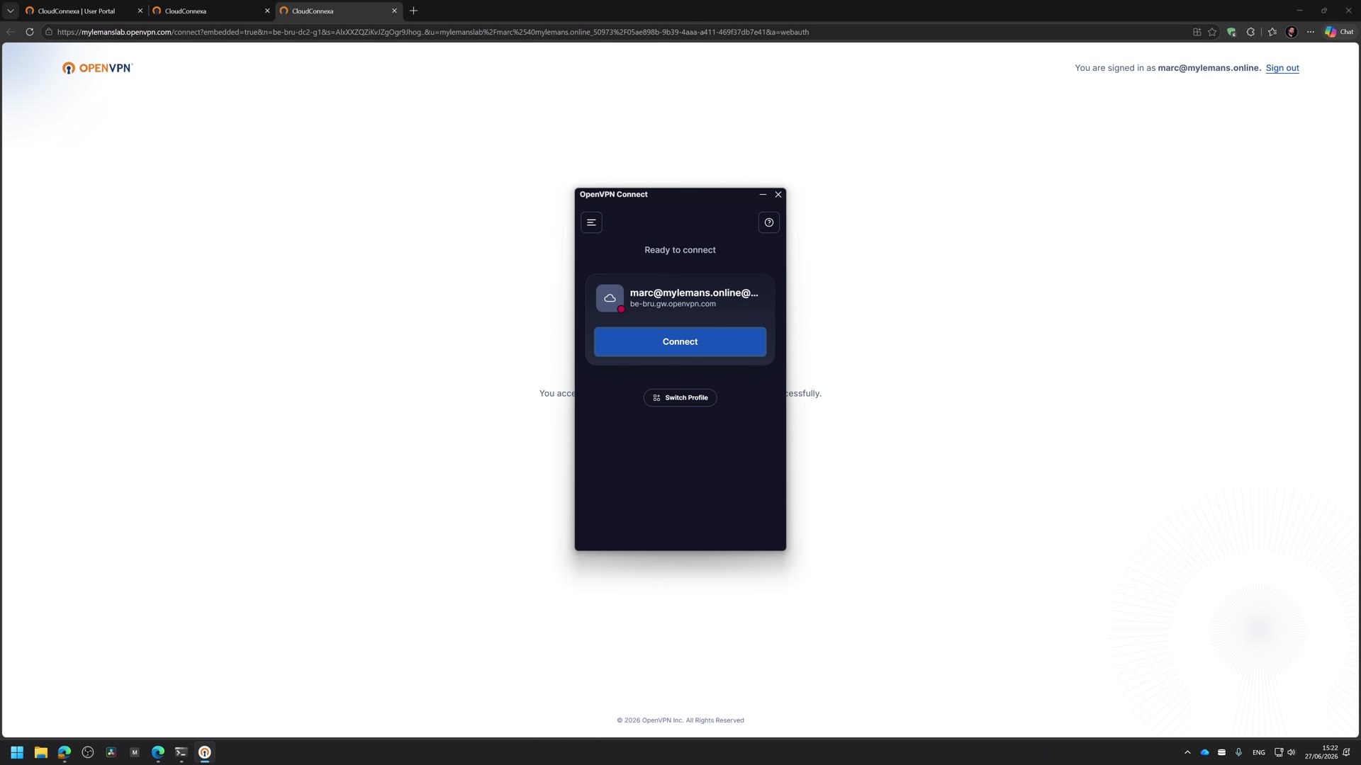 The OpenVPN Connect client signed in with the profile imported