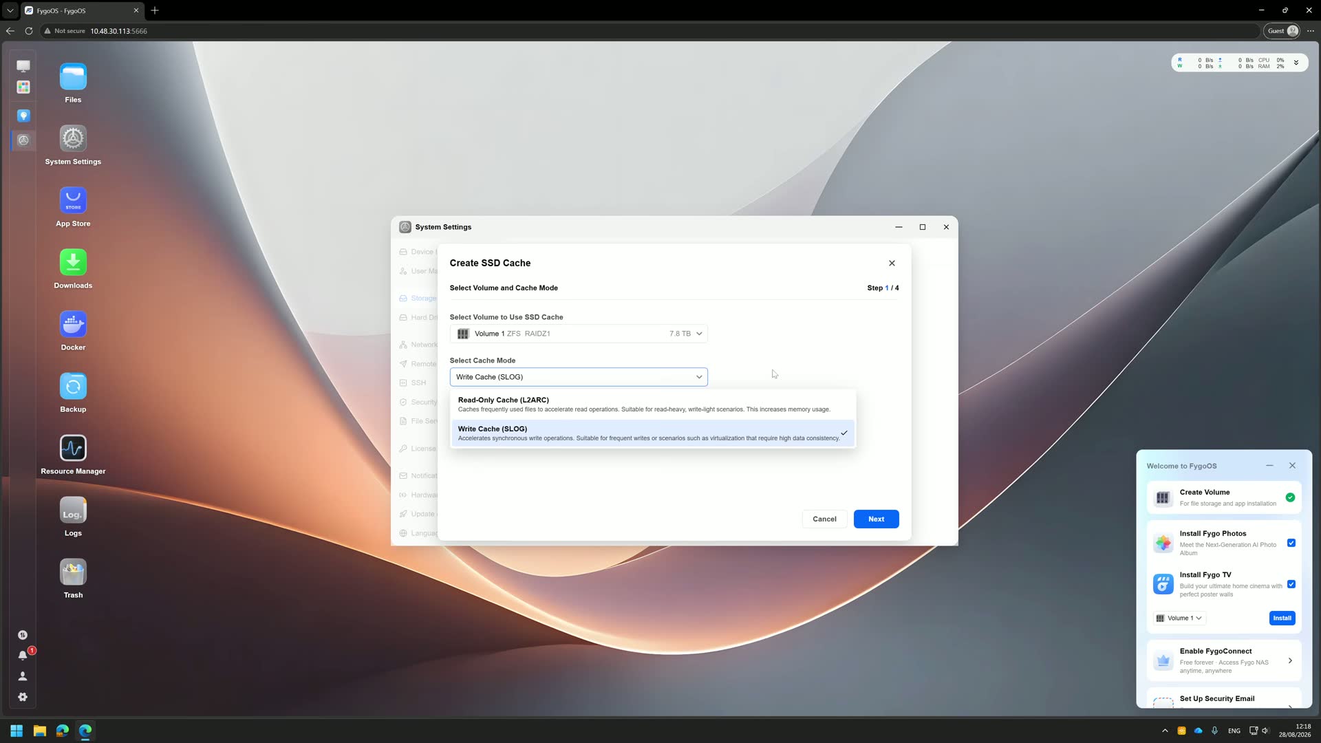 Fygo OS Create SSD Cache dialog showing cache mode options: L2ARC for read caching and SLOG for write caching