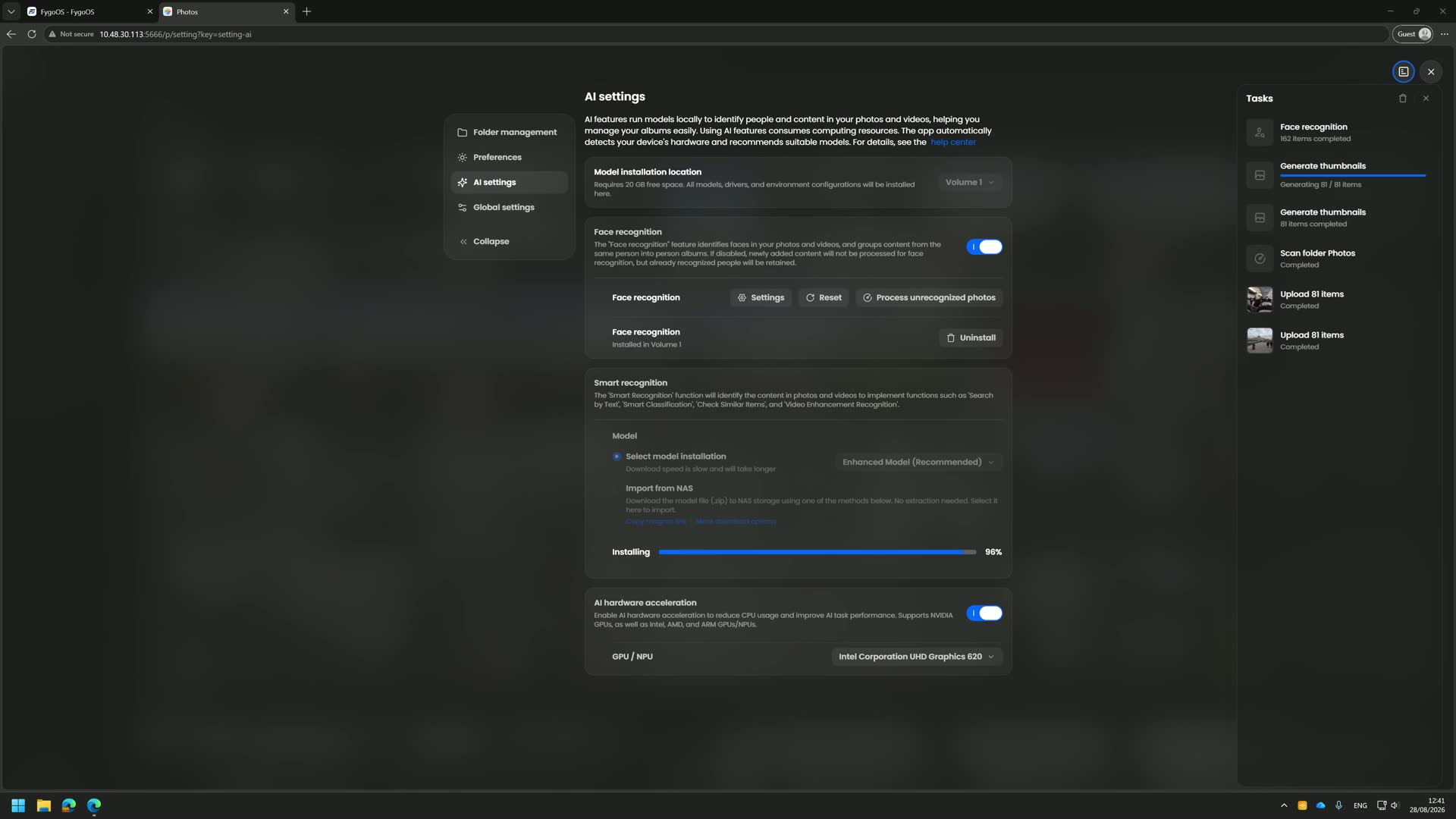 Fygo OS AI settings page showing hardware acceleration enabled on Intel UHD Graphics 620 with face recognition models installed