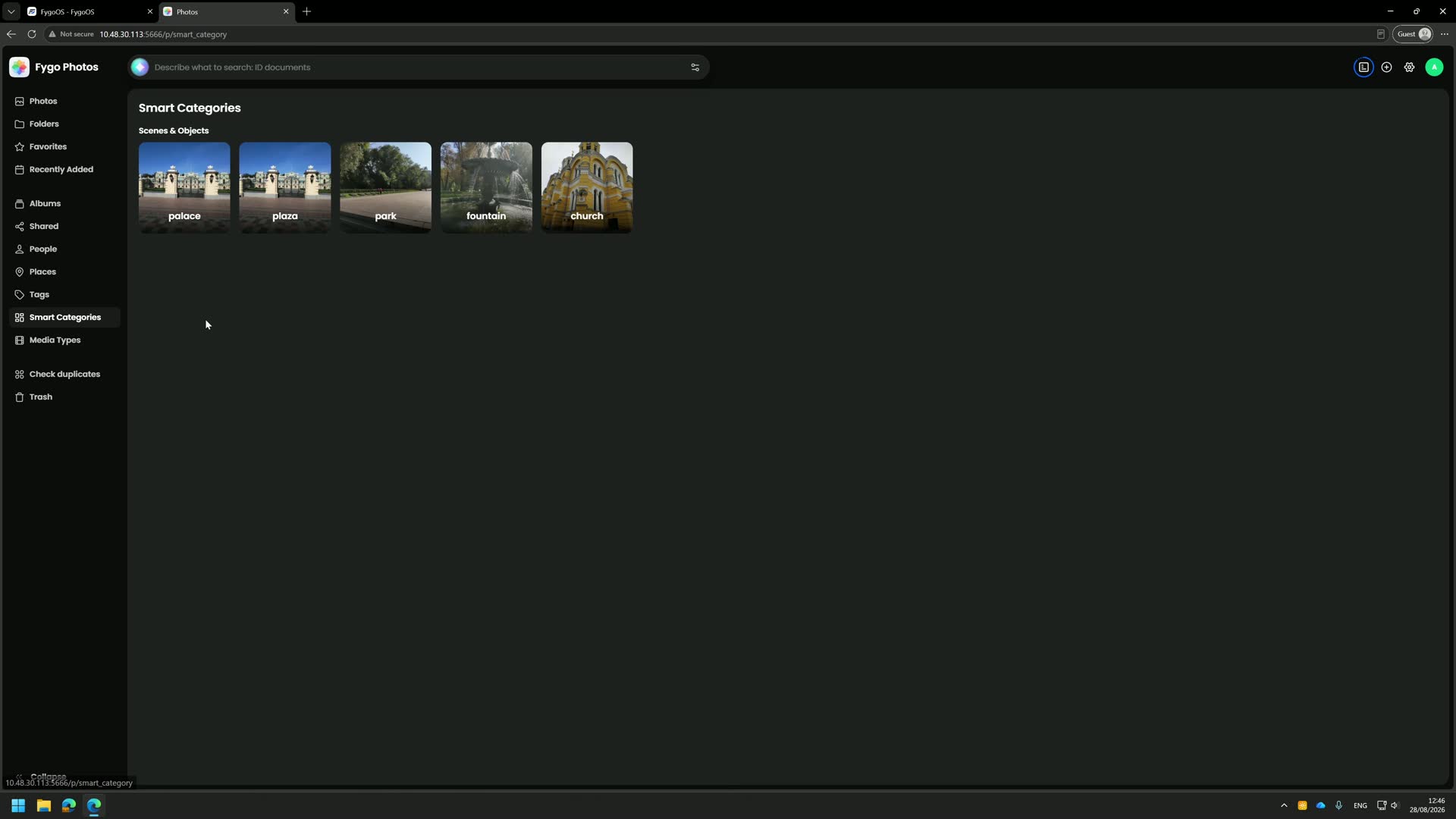 Fygo Photos app showing Smart Categories with automatic grouping into palace, plaza, park, fountain, and church