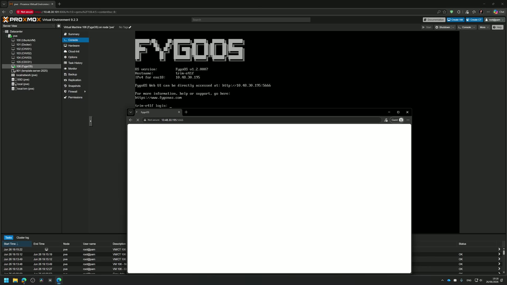 Fygo OS boot screen in a VM showing the ASCII banner, hostname and access URL