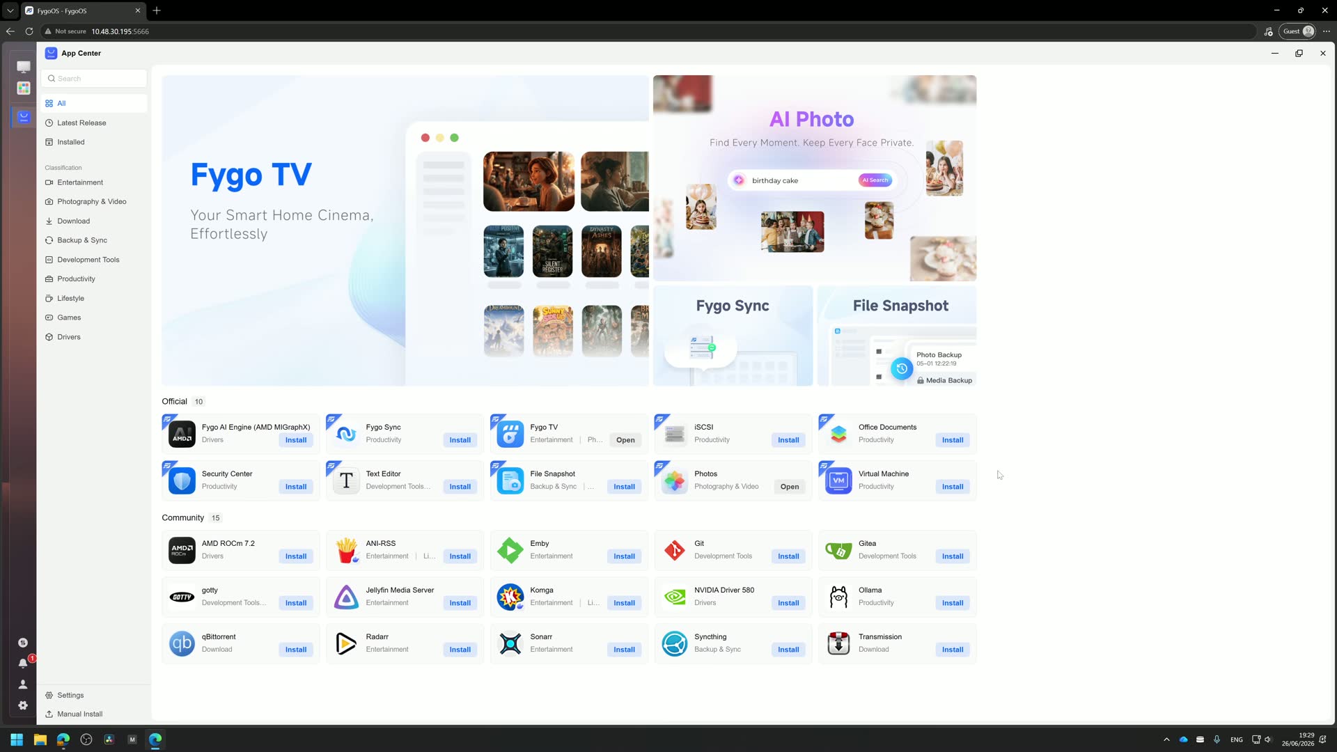 Fygo App Center showing official and community applications: Fygo TV (home cinema), AI Photo (private face search), Fygo Sync, File Snapshot, and community apps like Jellyfin, Komga, and Syncthing
