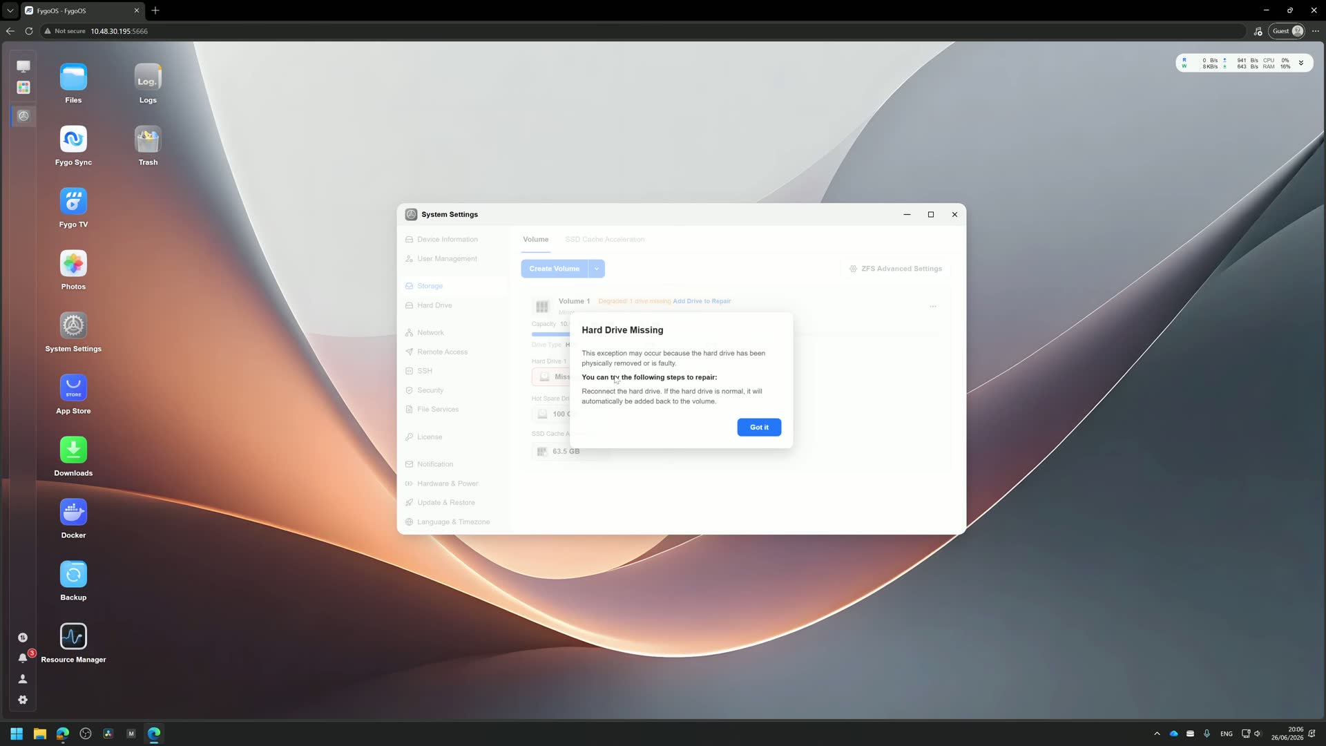 Fygo OS Storage page showing a degraded volume with the Hard Drive Missing dialog
