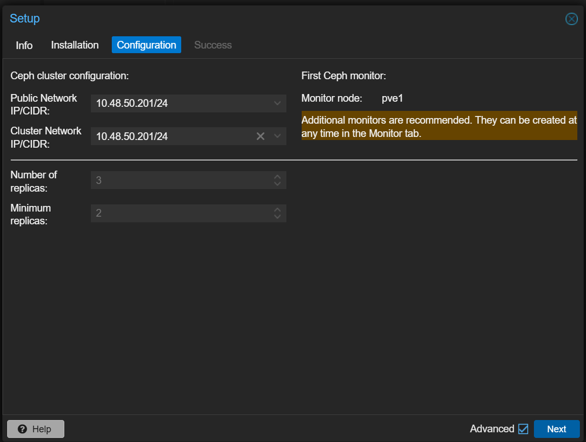 Proxmox Ceph setup wizard with the public network set to the dedicated Ceph subnet