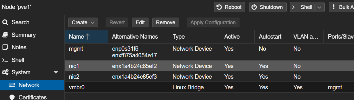 Proxmox VE network device list showing interfaces renamed to mgmt, nic1 and nic2
