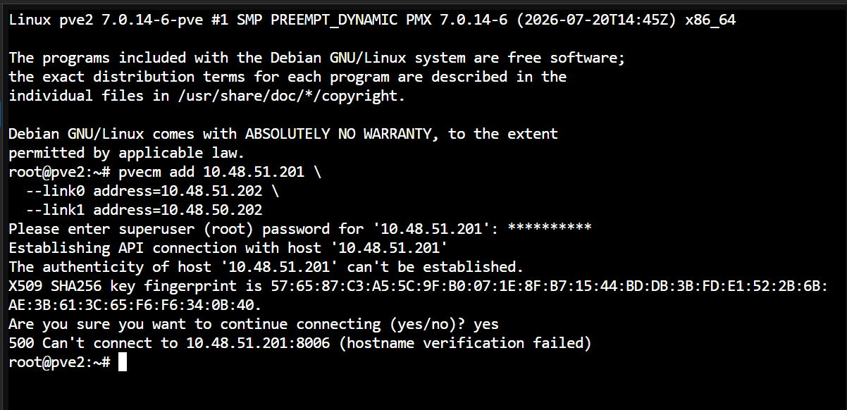 Terminal showing pvecm add failing with a 500 hostname verification failed error