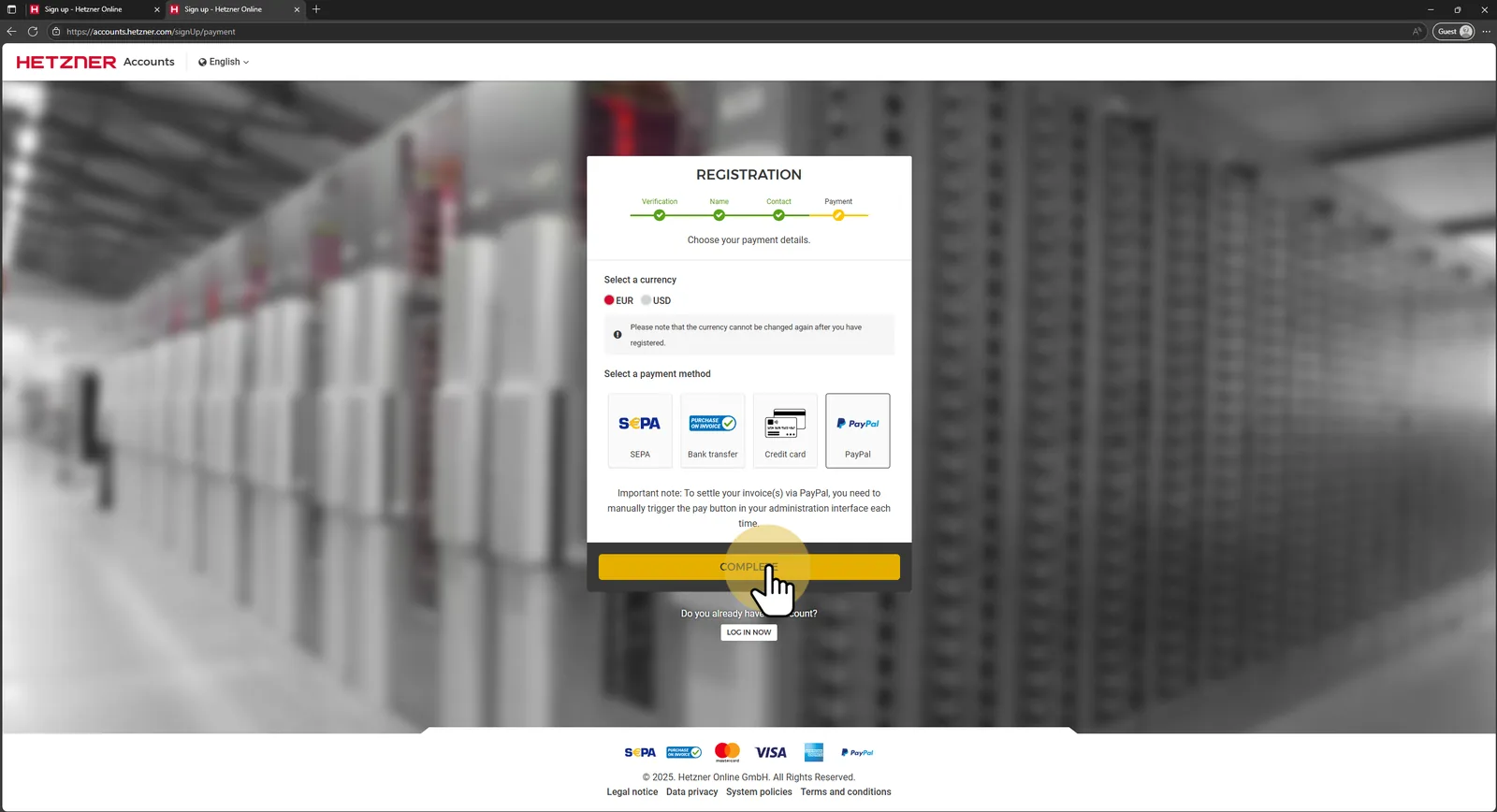 Select currency and payment